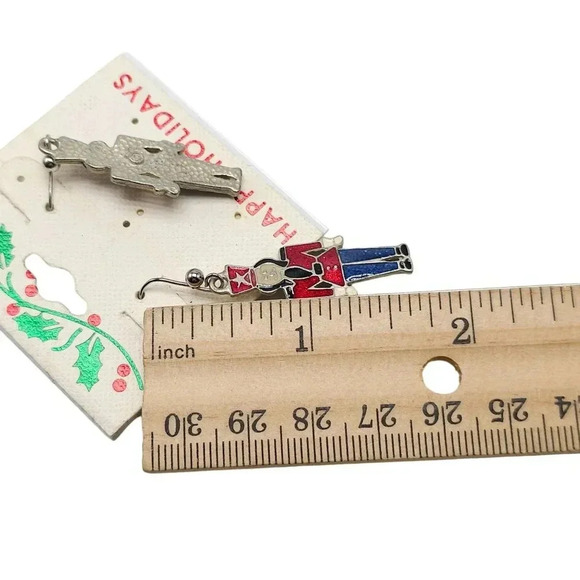 Happy Holidays Multicolor Enamel Christmas Nutcracker Dangle Drop Earrings VTG - Picture 5 of 5